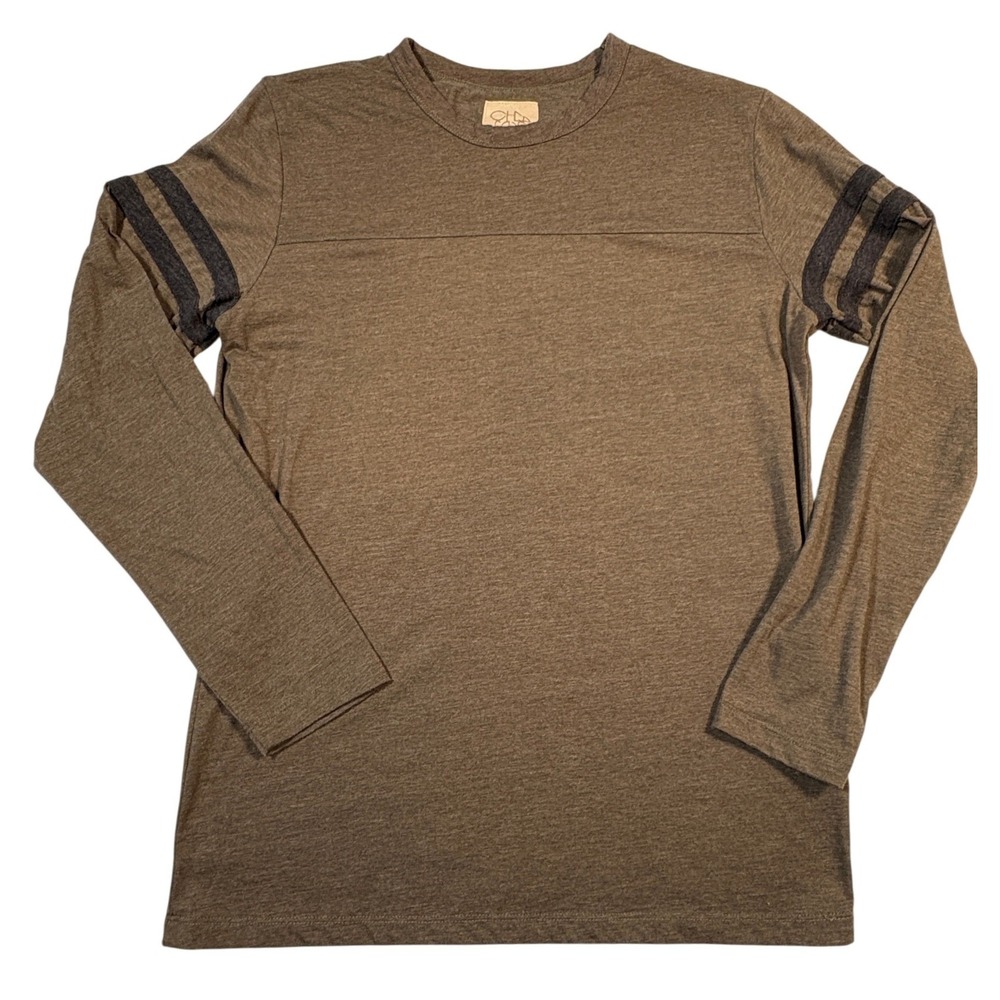 Chaser Mens Long Sleeve Varsity Stripe Tee Olive Brown Heather CM1038 Size L
